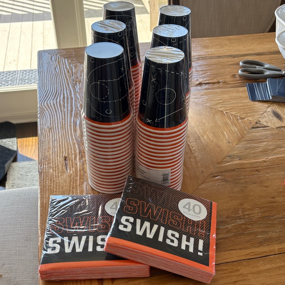 NEW Basketball Swish! Party Cups (6) & Napkins (2) Bundle Set - Black and Orange